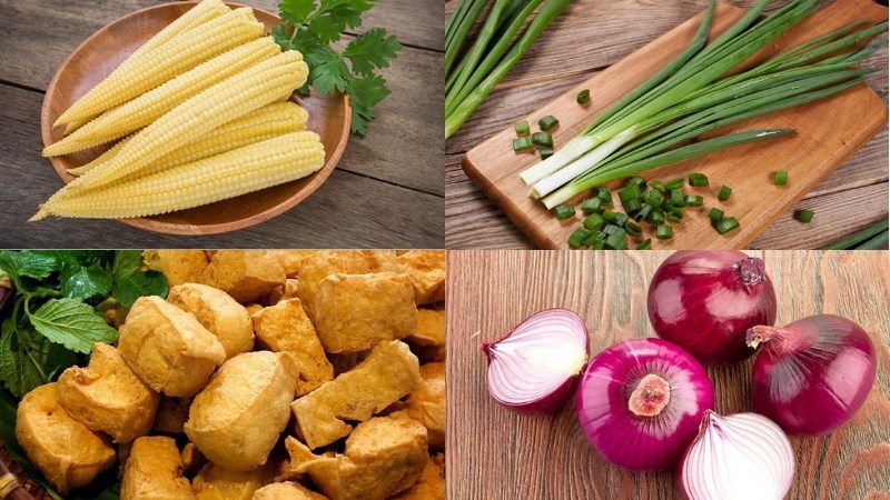 Ingredients for the dish sautéed young corn with vegetarian onions