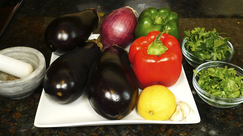 Ingredients for eggplant, lentil, and bell pepper salad