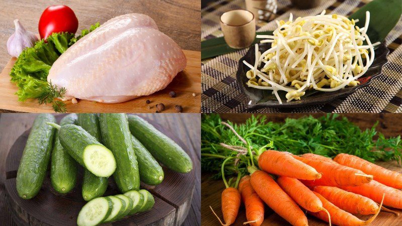 Ingredients for shredded chicken salad with bean sprouts