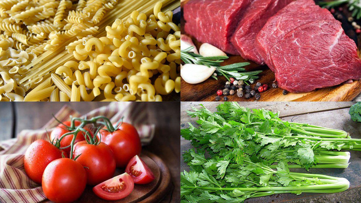 Ingredients for stir-fried noodles with beef in tomato sauce