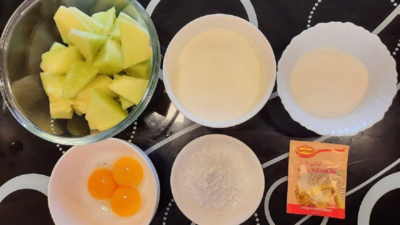 Ingredients for melon ice cream with chicken eggs