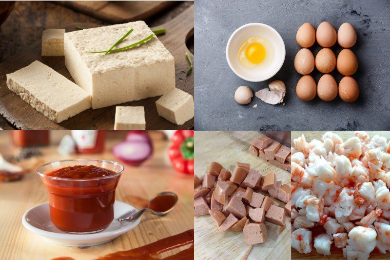 Ingredients for instant noodle pizza dish