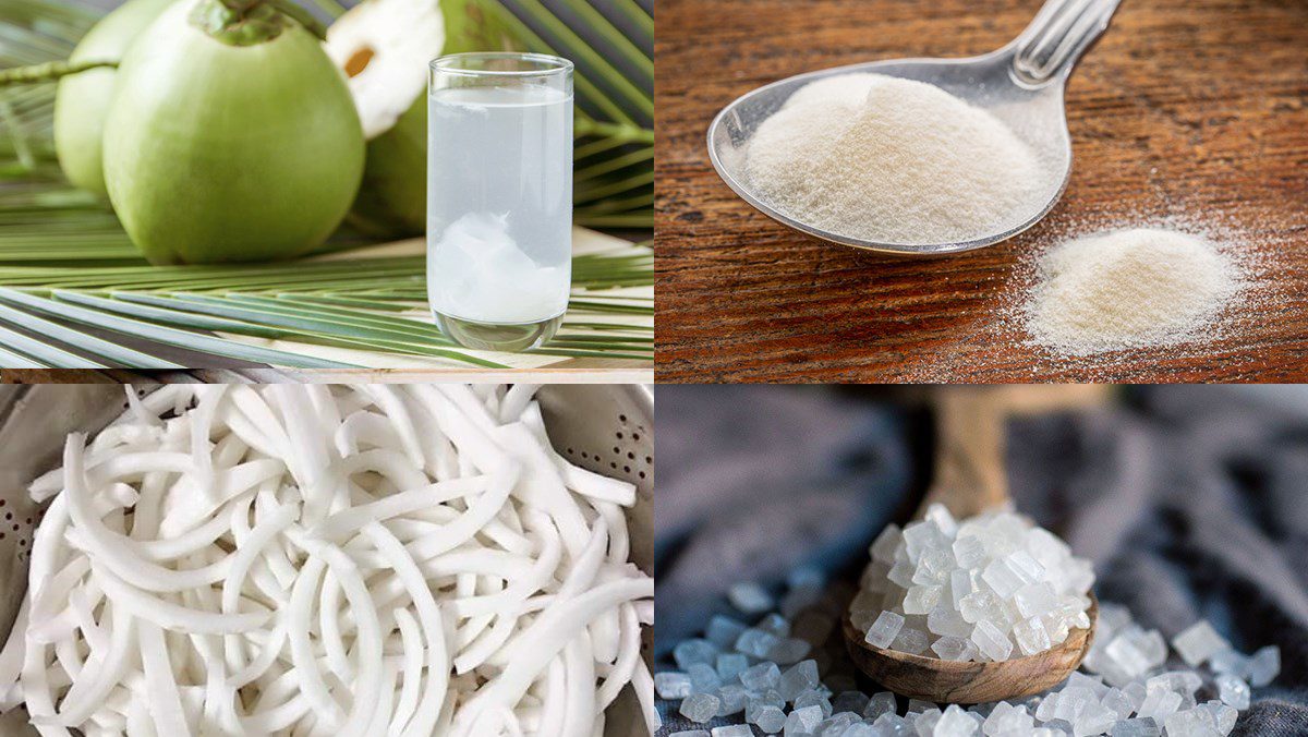 Ingredients for coconut jelly strands, coconut jelly strands with coconut milk, coconut jelly strands with pandan leaf coconut milk