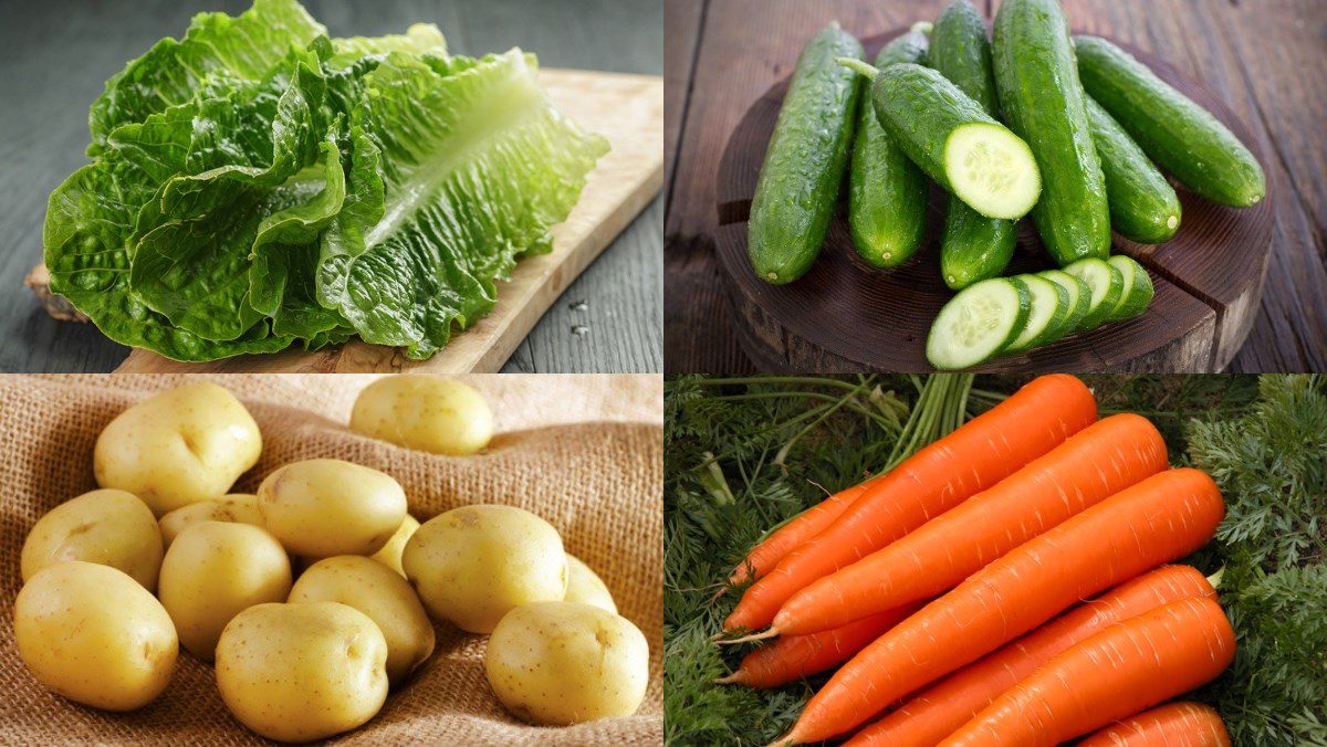 Ingredients for the dish salad with lettuce, cucumber, tomato and salad with lettuce, cucumber, potato