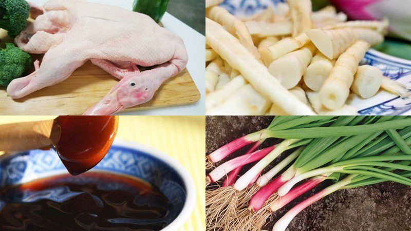 Ingredients for the dish 3 ways to make stir-fried bamboo shoots with frog, chicken, and duck meat