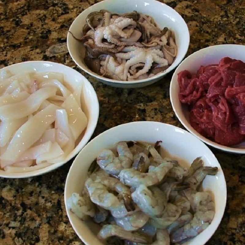 Step 1 Prepare beef, shrimp, squid for Seafood Curry Hotpot