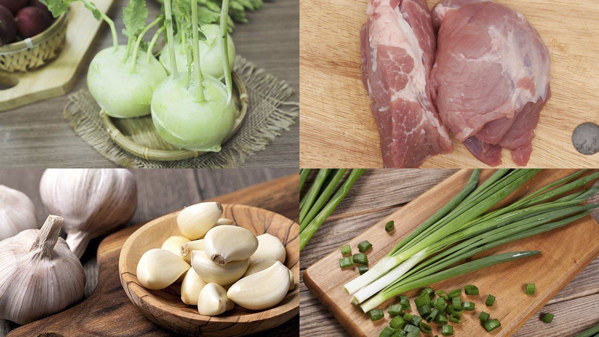 Ingredients for stir-fried kohlrabi with pork