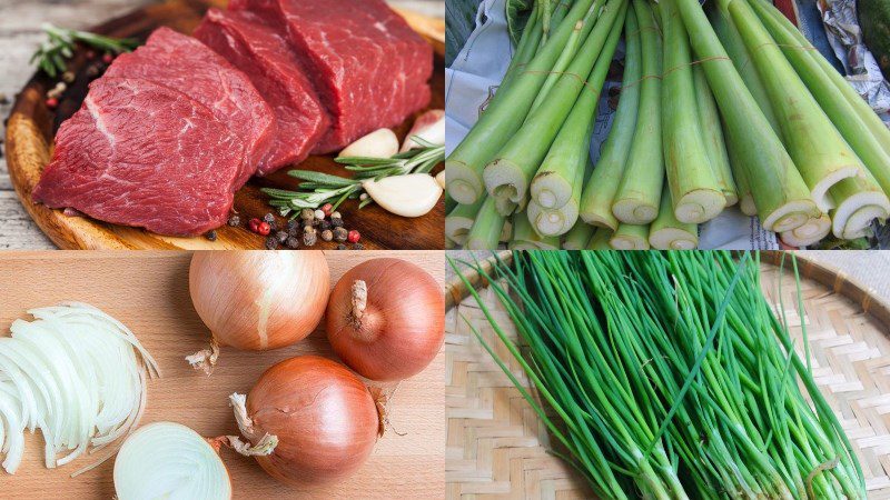 Ingredients for the dish of stir-fried dọc mùng with beef, chicken intestines, and fresh shrimp