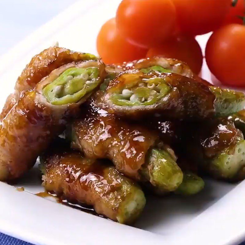 Step 5 Finished Product Rolled pork with okra and honey sauce