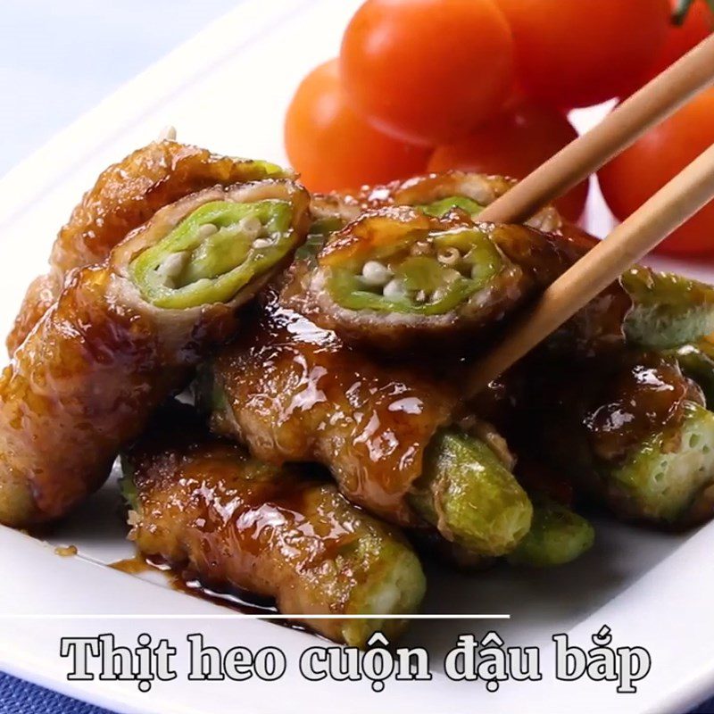 Step 5 Finished Product Rolled pork with okra and honey sauce