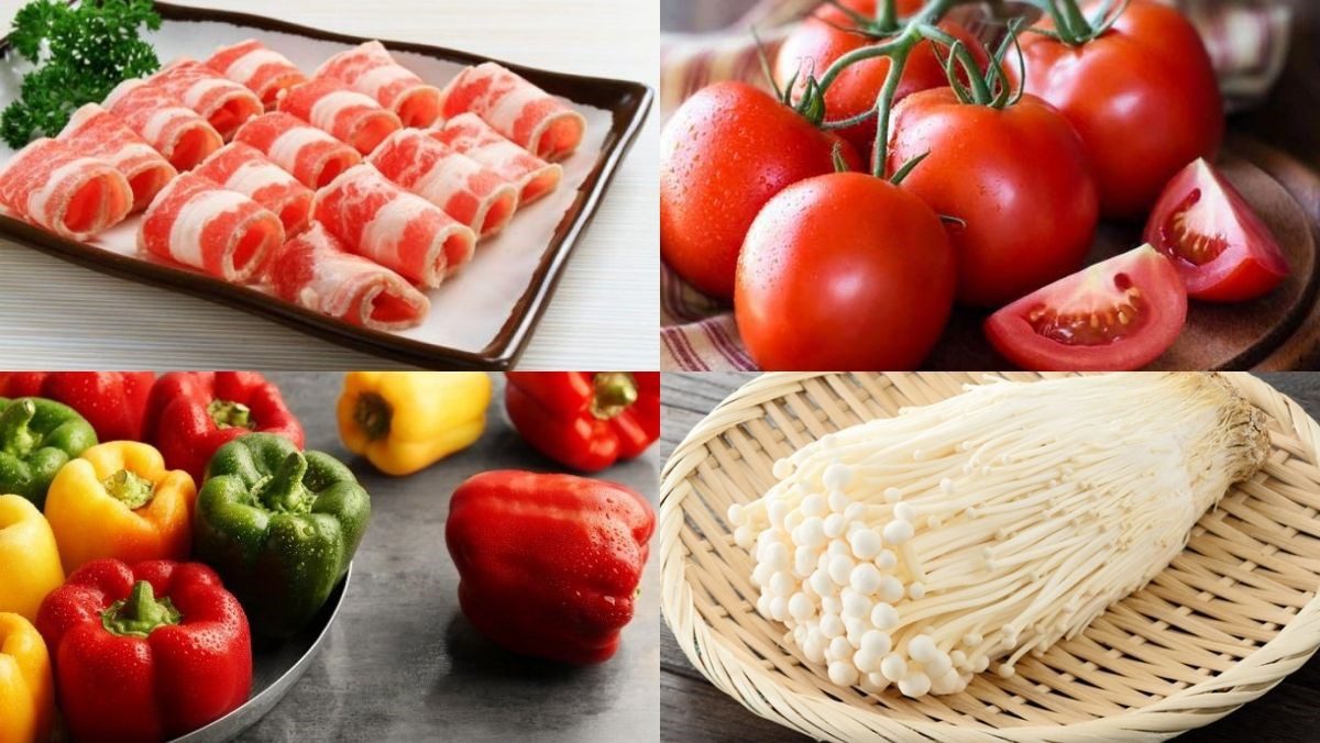 Ingredients for the dish of beef rolled with enoki mushrooms in tomato sauce