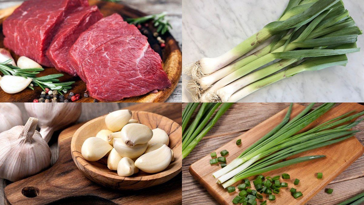 Ingredients for stir-fried beef with leeks