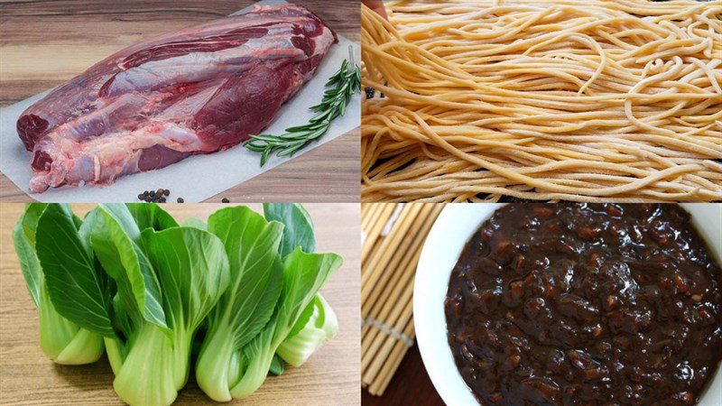 Ingredients for beef noodle dish with vegetables