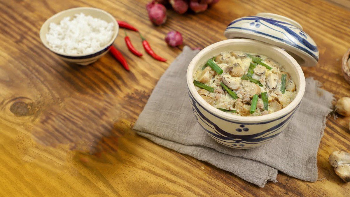 Steamed eggs with minced straw mushrooms