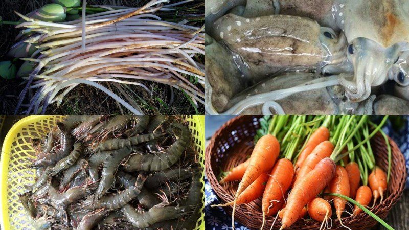 Ingredients for the dish of lotus stem salad with shrimp and squid (seafood)