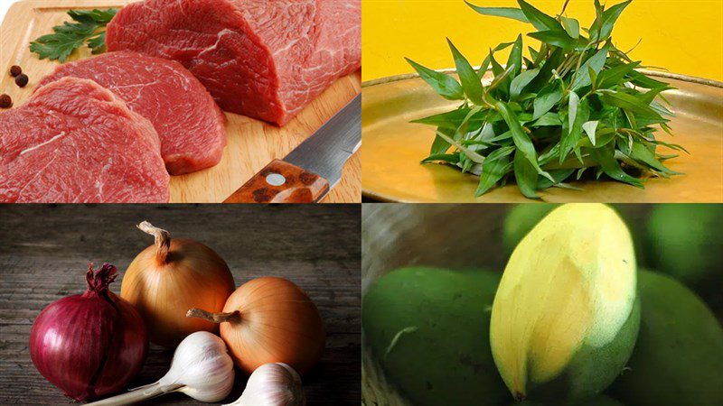 Ingredients for beef salad with rice paddy herb