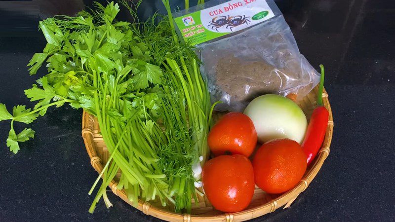 Ingredients for the dish of crab soup and boiled vegetables