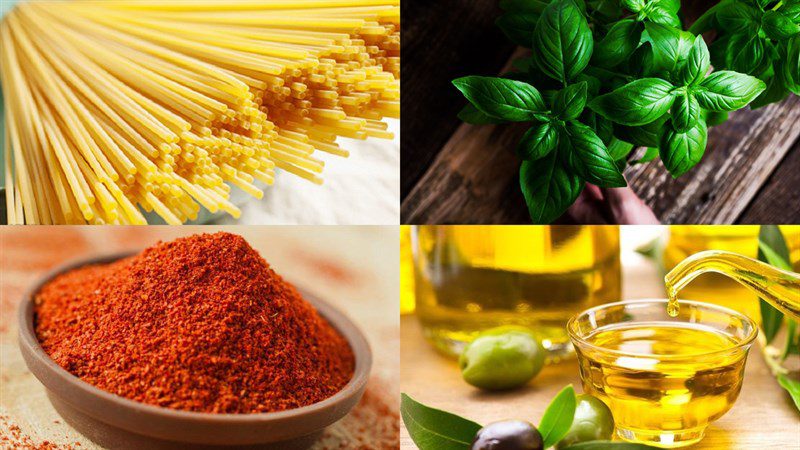 Ingredients for garlic oil pasta aglio e olio