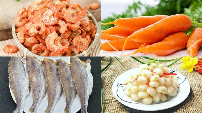 Ingredients for the dish of dried shrimp salad