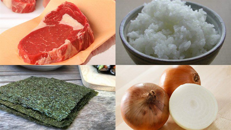 Ingredients for the dishes of beef rice balls stir-fried and pan-fried beef