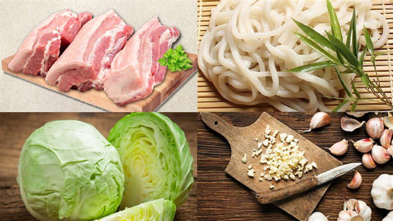 Ingredients for stir-fried udon noodles with seafood and pork
