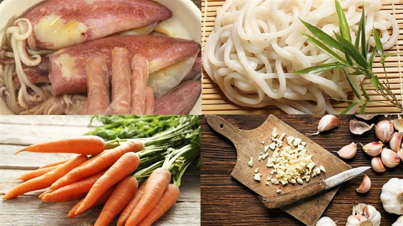 Ingredients for stir-fried udon noodles with seafood and pork