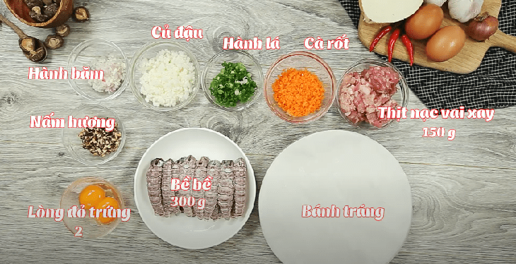 Ingredients for shrimp paste and shrimp spring rolls