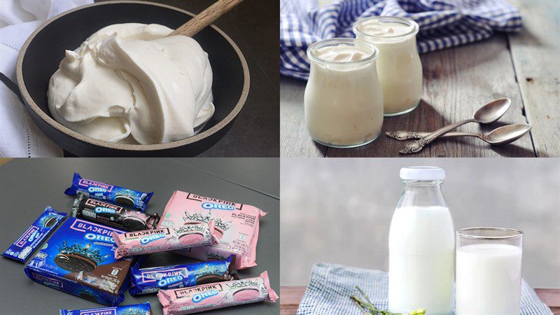 Ingredients for Oreo cookie ice cream and caramel