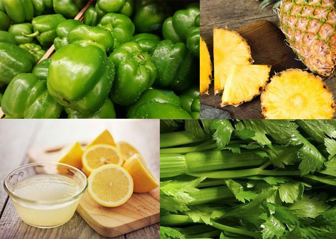 Ingredients for 3 types of bell pepper juice with watermelon, cucumber, celery