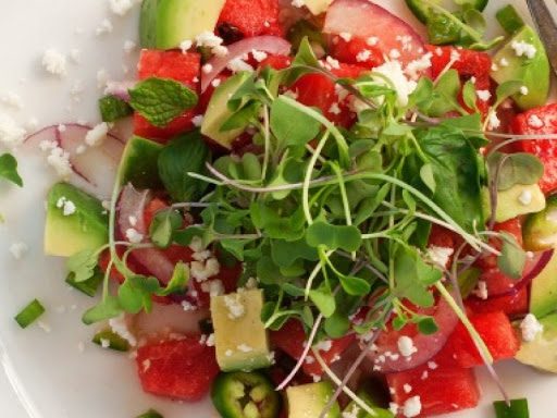 Step 4 Final product of watermelon, sprouts, and avocado salad