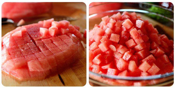 Step 1 Cut the ingredients for Watermelon, Cucumber, and Bell Pepper Salad
