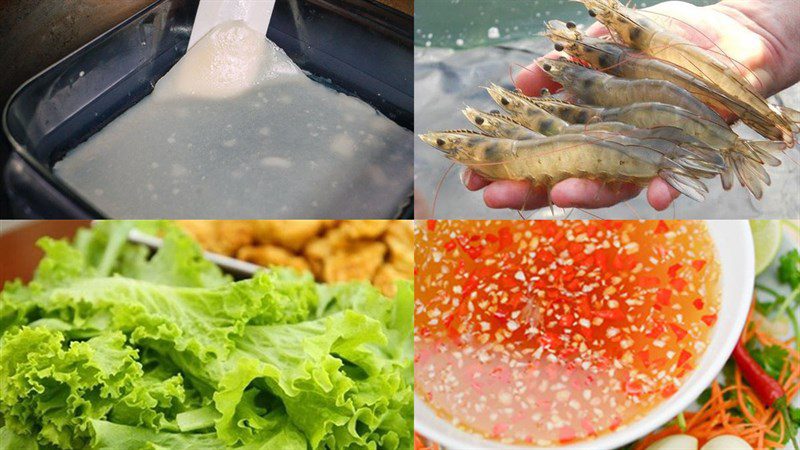 Ingredients for the dish with 3 ways to make pork, fried shrimp, and fried fish spring rolls