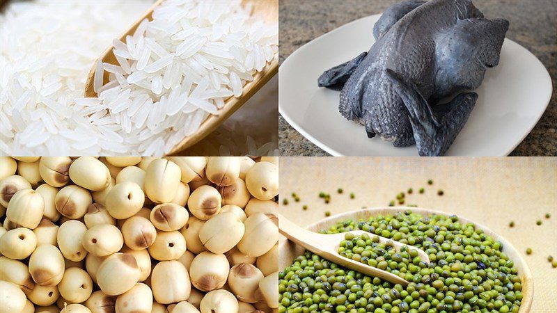 Ingredients for black chicken and lotus seed porridge