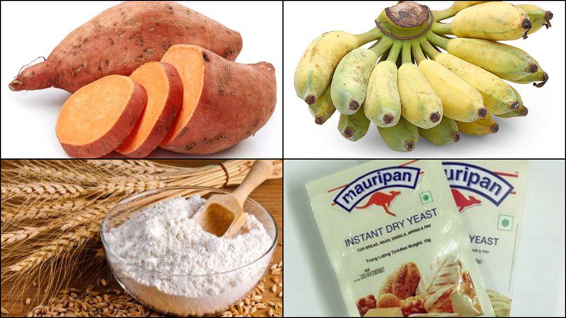Ingredients for fried banana and sweet potato cake, fried banana and coconut sweet potato cake