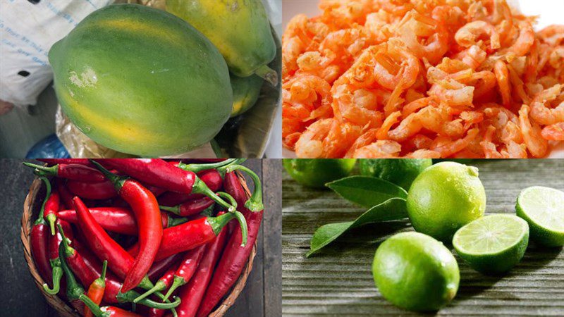 Ingredients for the dish of dried shrimp papaya salad
