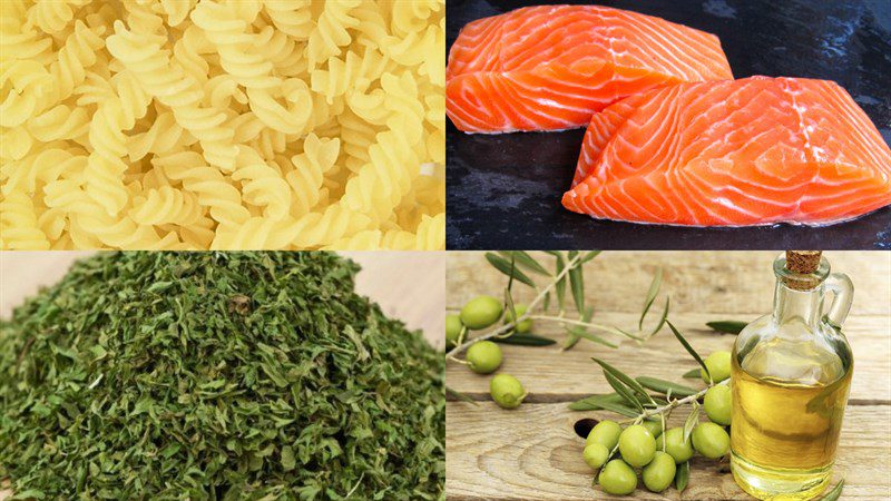 Ingredients for the dish of macaroni with salmon cream sauce