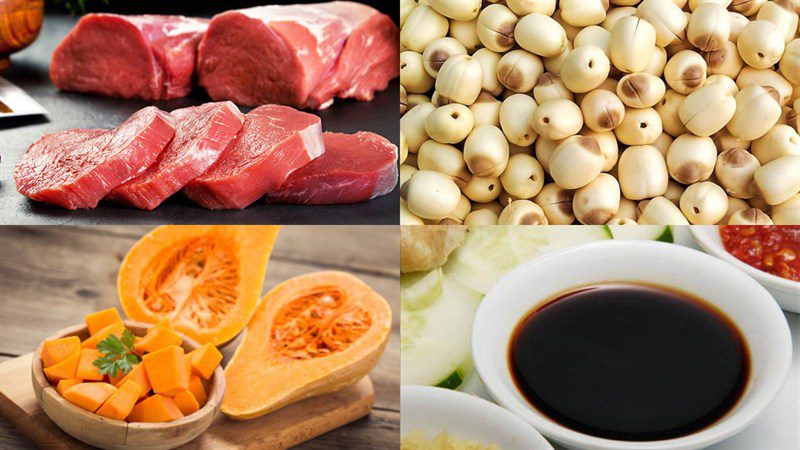 Ingredients for beef stew with pumpkin, beef stew with lotus seeds
