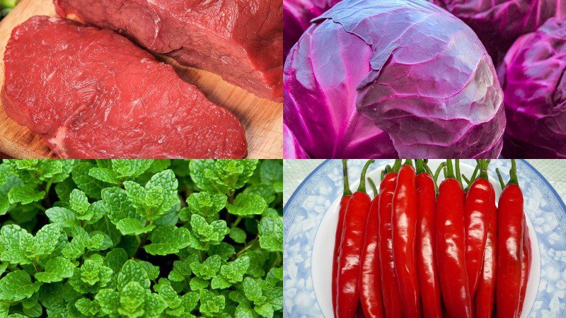 Ingredients for the purple cabbage beef salad dish