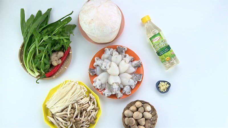 Ingredients for squid hotpot cooked with fermented tofu, mushrooms, and chili