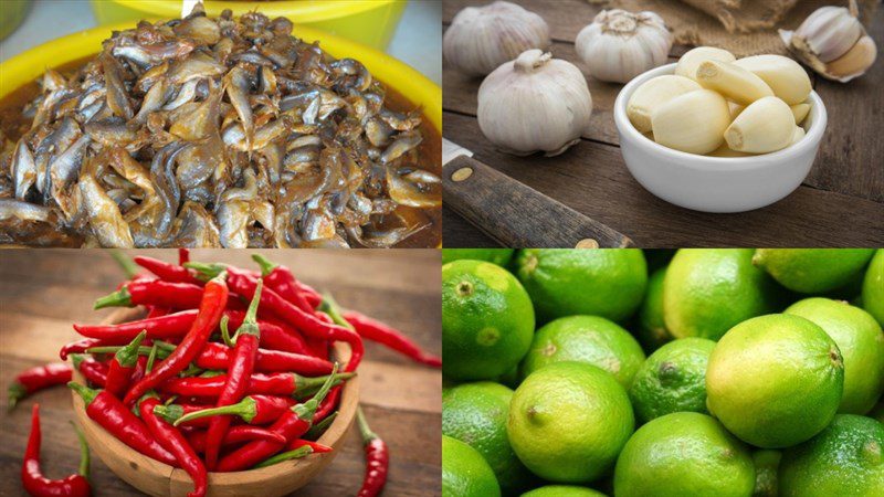 Ingredients for green mango salad with fish sauce, garlic, and chili