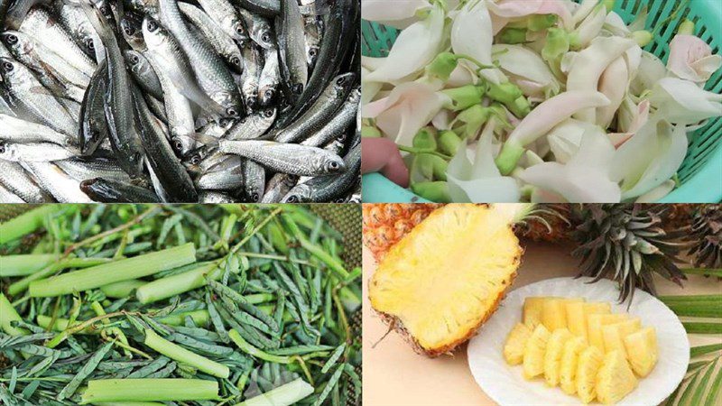 Ingredients for sour fish soup with water lily flowers and water lily flowers