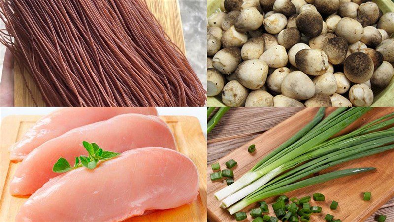 Ingredients for brown rice noodle dish with chicken breast and fish