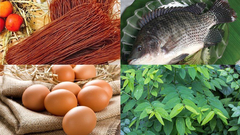 Ingredients for brown rice noodle dish with chicken and fish