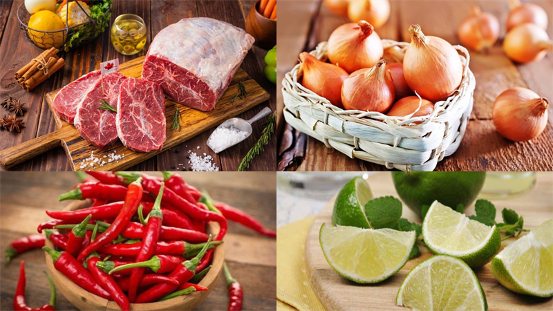 Ingredients for the dish of raw beef salad with lime and onion