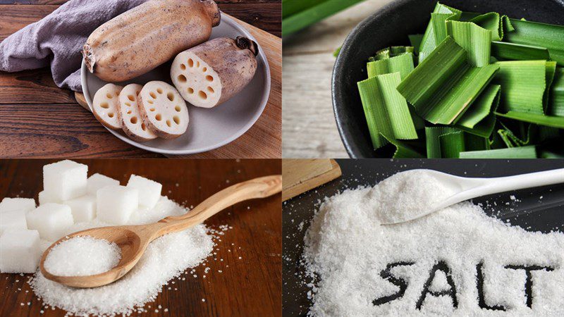 Ingredients for lotus root dessert, lotus root dessert with mung beans, lotus root dessert with taro, lotus root dessert with sweet potatoes