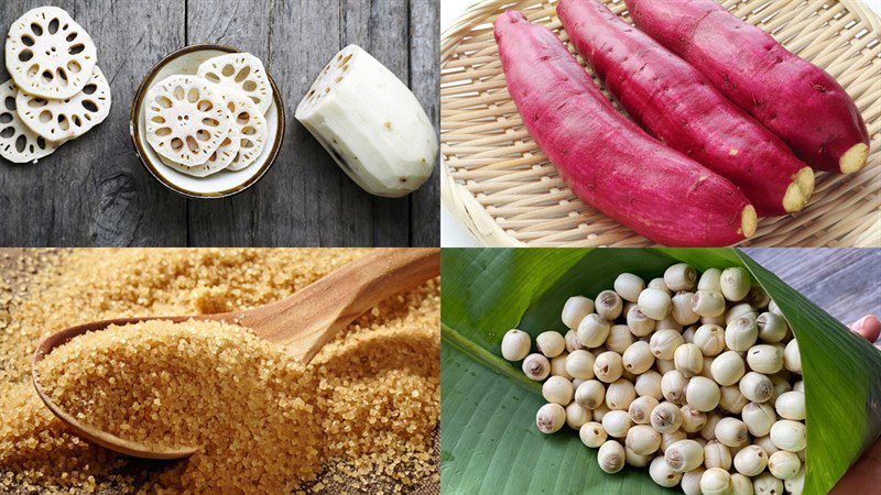 Ingredients for lotus root dessert, lotus root dessert with mung beans, lotus root dessert with taro, lotus root dessert with sweet potatoes