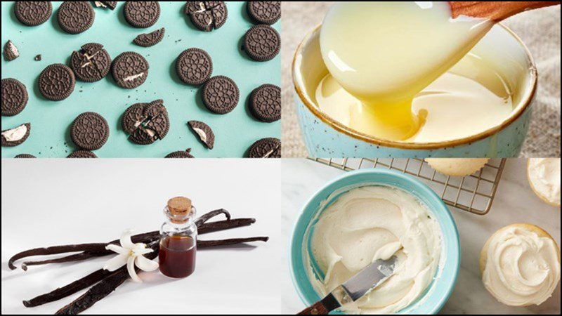 Ingredients for oreo cookie and caramel ice cream
