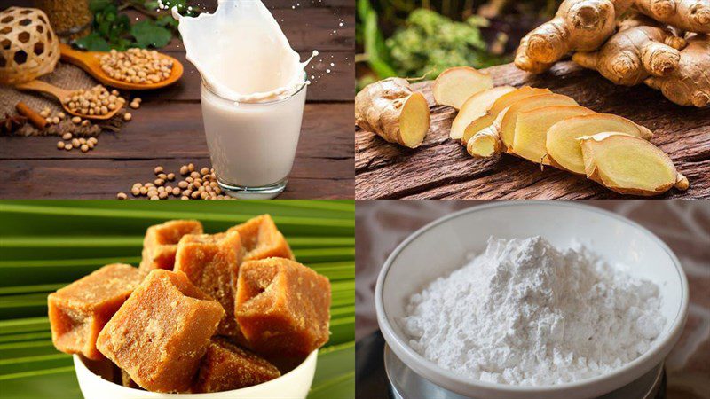 Ingredients for tofu made from jelly powder with ground soybeans, tofu made from jelly powder with soy milk, tofu made from jelly powder with caramel syrup