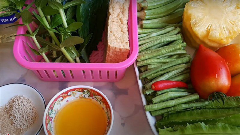 Ingredients for sour soup with vegetarian tofu