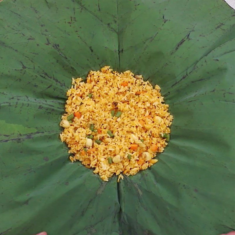Step 4 Wrap rice in lotus leaf Rice mixed with egg and steamed lotus leaf